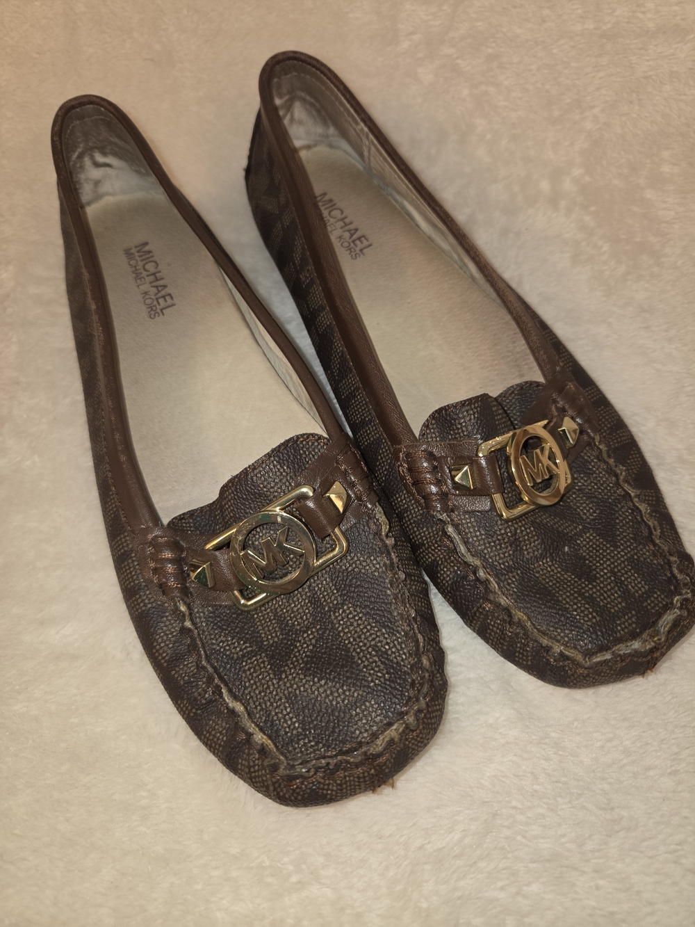 Michael Kors Brown Logo Moccasin Loafers with Gold MK Accent